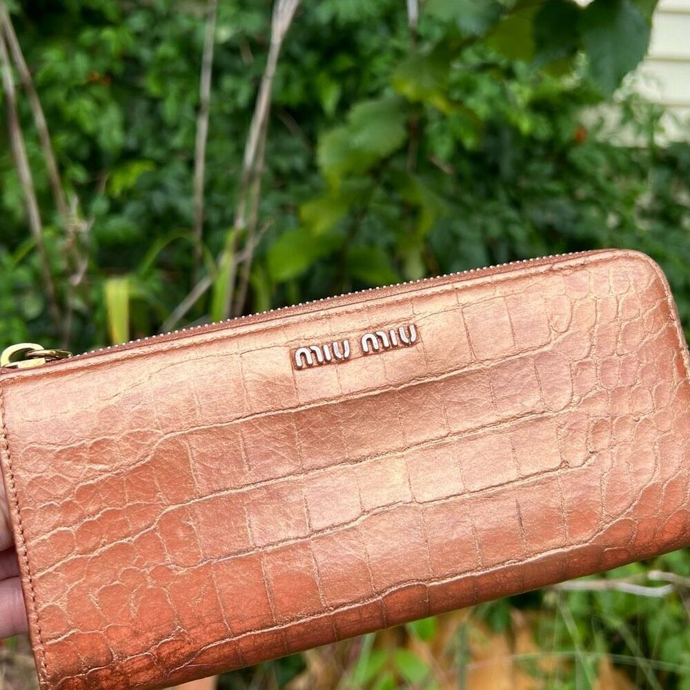 Miu Miu Croc Embossed Metallic Bronze Zip Around Long Accordion Upcycled Wallet